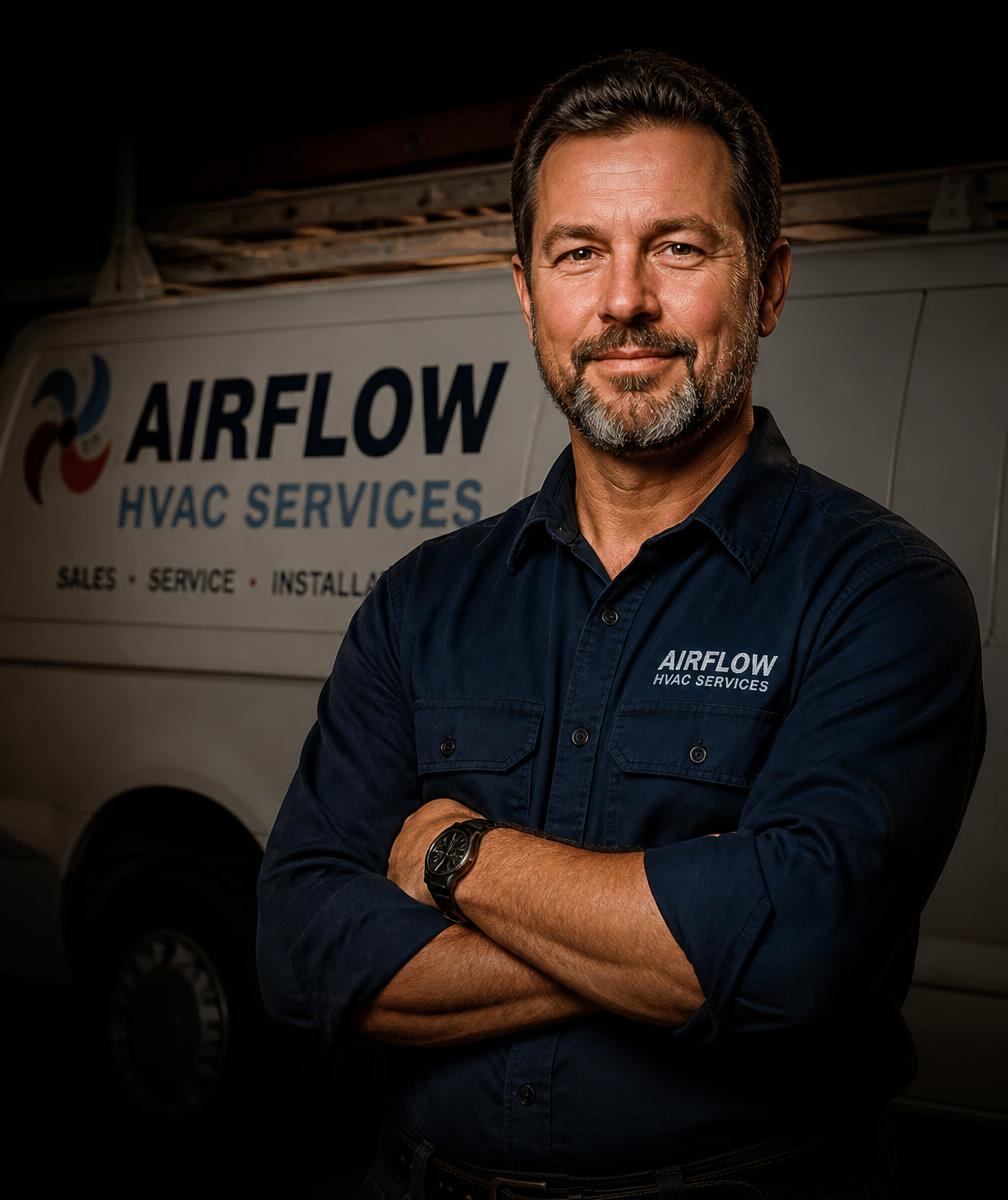 Owner of Cicone Heating & Cooling standing in front of a service van